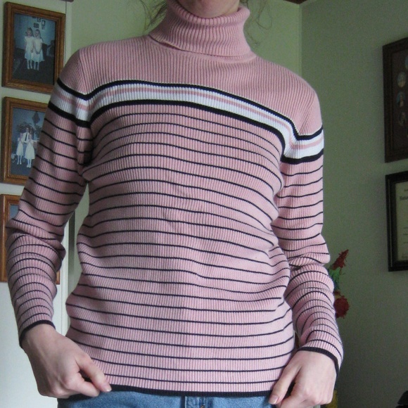 Karen Scott Sweaters - Karen Scott pink and black striped turtleneck
